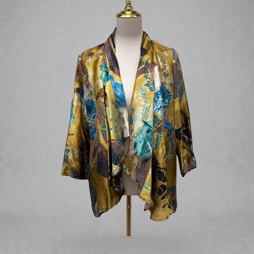 Citron Santa‎ Monica Kimono Top Sz L Gold Shimmer Open Front Silk Blend Boho NWT